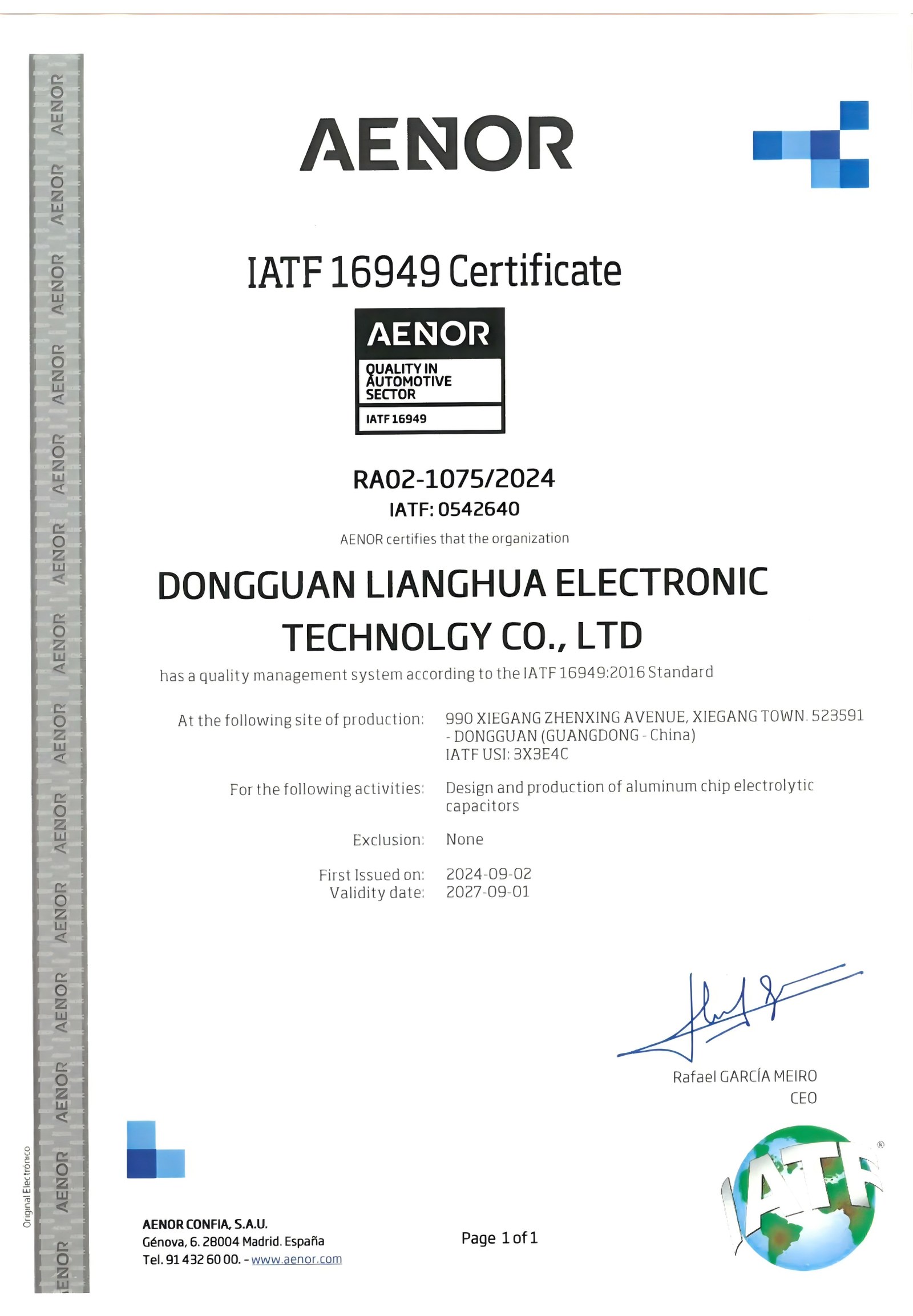 IATF 16949 automotive quality management system certificate issued to Dongguan Lianghua Electronic Technology Co., Ltd. by AENOR